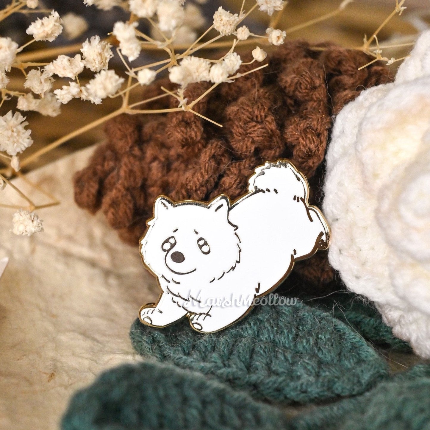 Running White Dog Enamel Pin